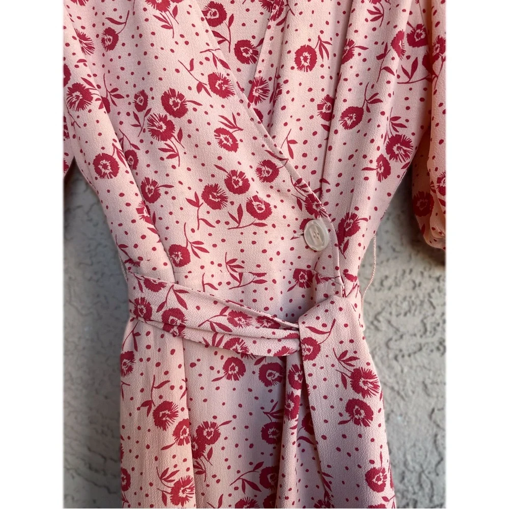 ROUJE Peach Pink Red Retro Classic Floral Dot Printed Rosalie Midi Wrap Dress - Picture 11 of 14